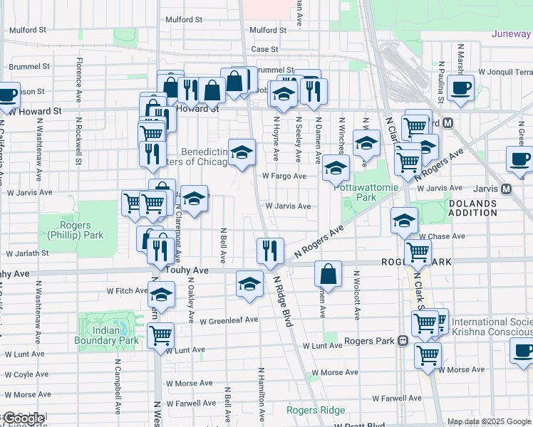 map of restaurants, bars, coffee shops, grocery stores, and more near 7345a West Jarvis Avenue in Chicago