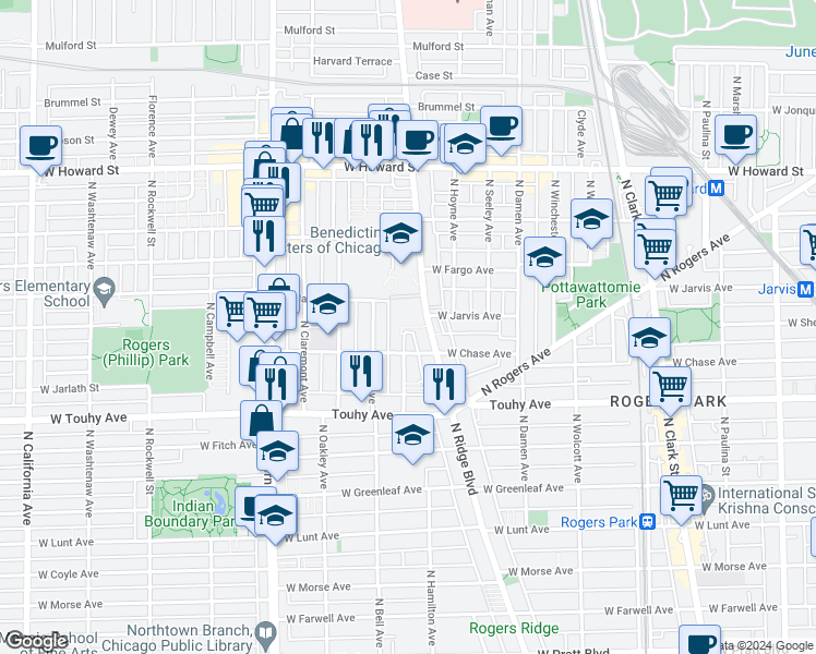 map of restaurants, bars, coffee shops, grocery stores, and more near 7333 North Bell Avenue in Chicago
