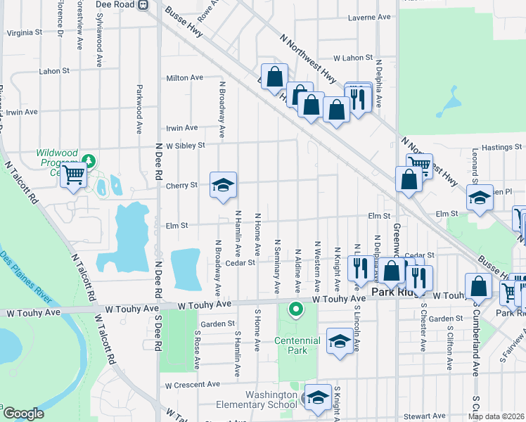 map of restaurants, bars, coffee shops, grocery stores, and more near 317 North Home Avenue in Park Ridge