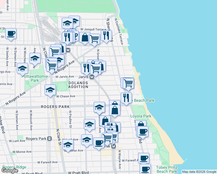 map of restaurants, bars, coffee shops, grocery stores, and more near 1415 West Sherwin Avenue in Chicago