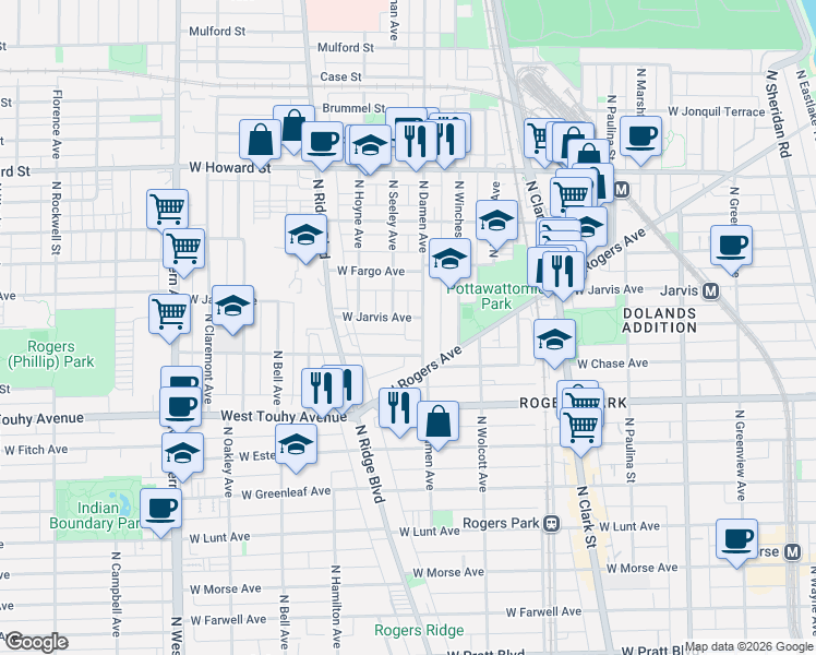 map of restaurants, bars, coffee shops, grocery stores, and more near 2011 West Jarvis Avenue in Chicago