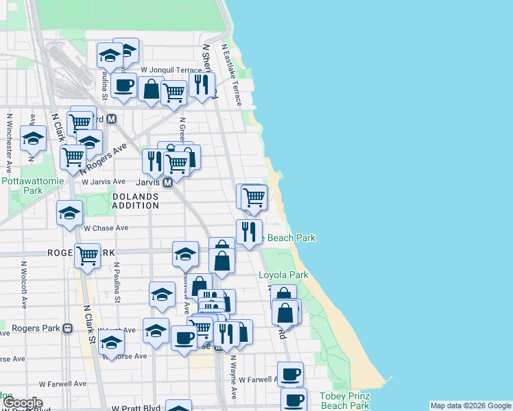 map of restaurants, bars, coffee shops, grocery stores, and more near 1221 West Sherwin Avenue in Chicago