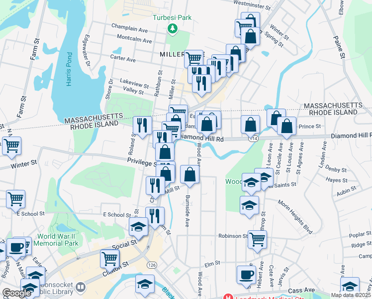 map of restaurants, bars, coffee shops, grocery stores, and more near 114 Mill Street in Woonsocket