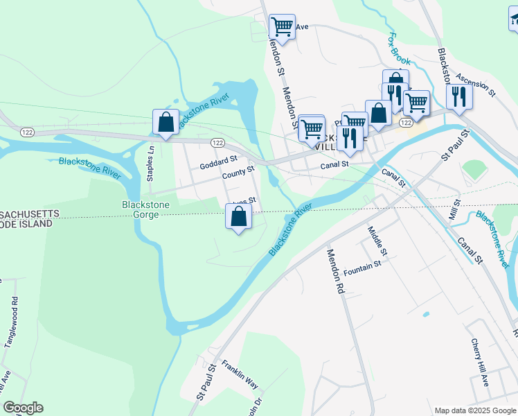 map of restaurants, bars, coffee shops, grocery stores, and more near 34 Butler Street in Blackstone