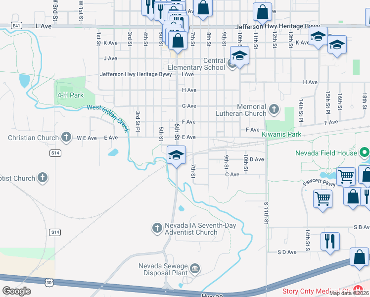 map of restaurants, bars, coffee shops, grocery stores, and more near 625 D Avenue in Nevada