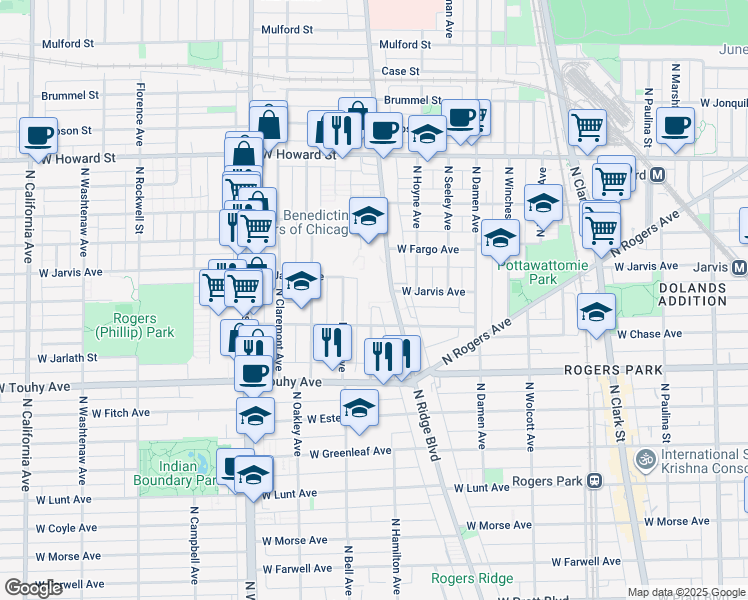 map of restaurants, bars, coffee shops, grocery stores, and more near 7333 North Bell Avenue in Chicago