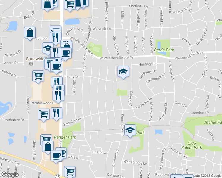 map of restaurants, bars, coffee shops, grocery stores, and more near 8040 Carrolton Court South in Hanover Park