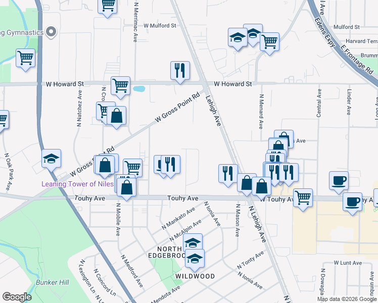 map of restaurants, bars, coffee shops, grocery stores, and more near 6029 West Sherwin Avenue in Chicago