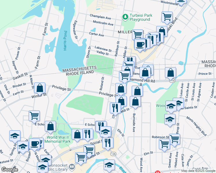 map of restaurants, bars, coffee shops, grocery stores, and more near 444 Rathbun Street in Woonsocket