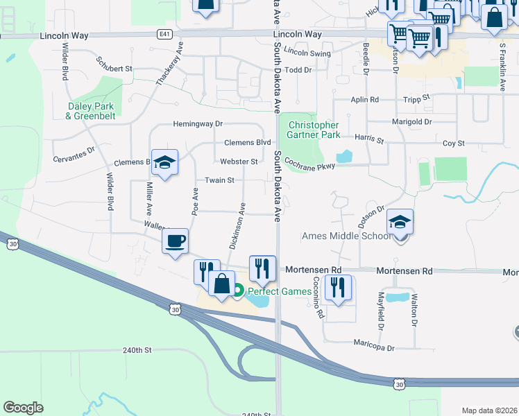 map of restaurants, bars, coffee shops, grocery stores, and more near 4525 Steinbeck Street in Ames