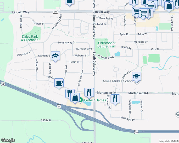 map of restaurants, bars, coffee shops, grocery stores, and more near 4517 Steinbeck Street in Ames
