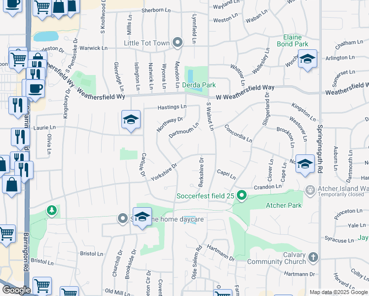 map of restaurants, bars, coffee shops, grocery stores, and more near 878 Dartmouth Court in Hanover Park