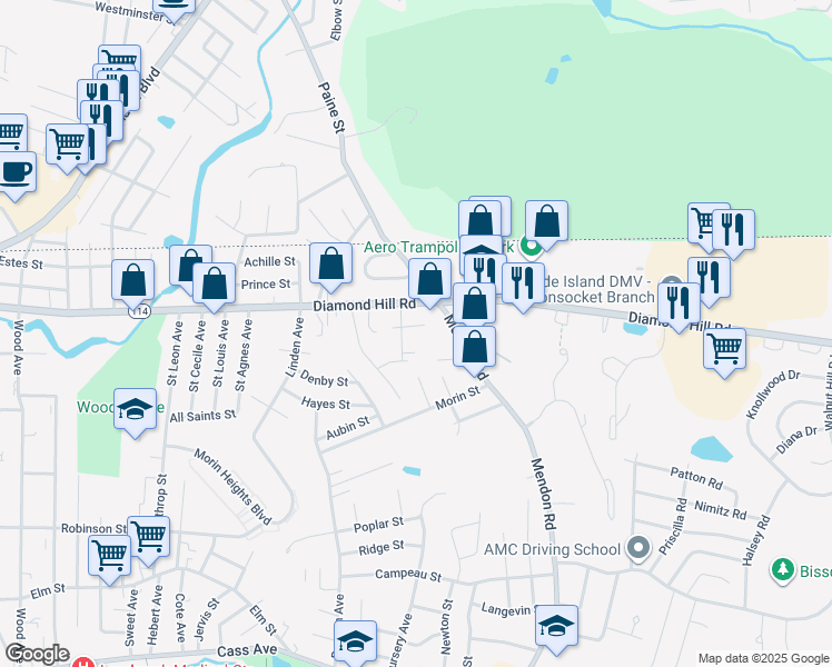 map of restaurants, bars, coffee shops, grocery stores, and more near 72 Grange Avenue in Woonsocket