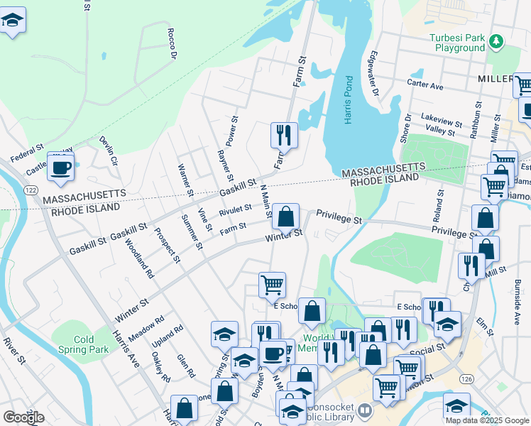 map of restaurants, bars, coffee shops, grocery stores, and more near 714 North Main Street in Woonsocket