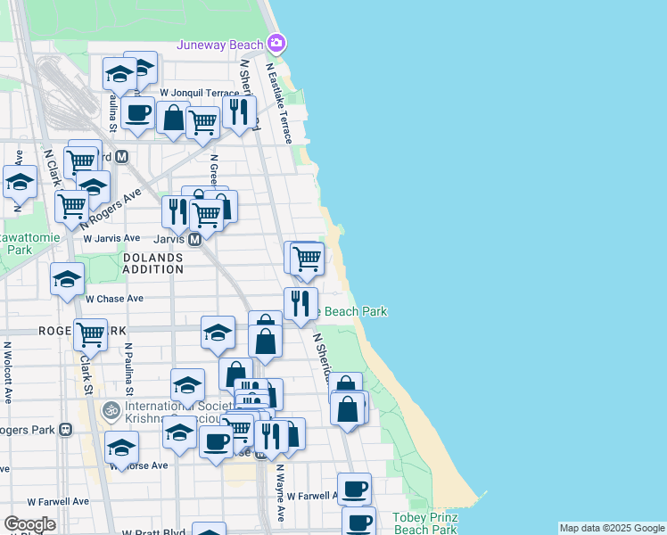 map of restaurants, bars, coffee shops, grocery stores, and more near 1215 West Sherwin Avenue in Chicago