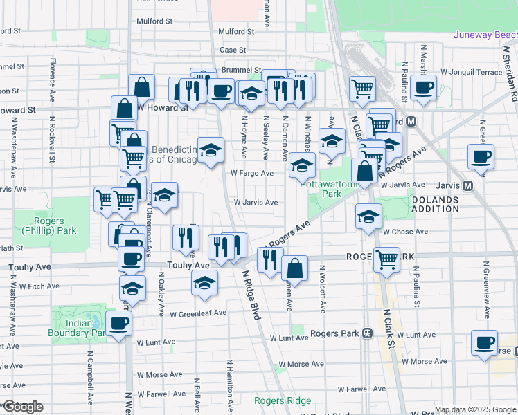map of restaurants, bars, coffee shops, grocery stores, and more near 2055 West Jarvis Avenue in Chicago