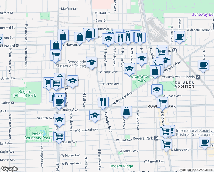 map of restaurants, bars, coffee shops, grocery stores, and more near 2055 West Jarvis Avenue in Chicago