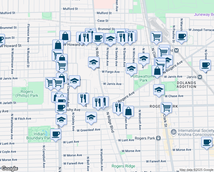 map of restaurants, bars, coffee shops, grocery stores, and more near 2055 West Jarvis Avenue in Chicago