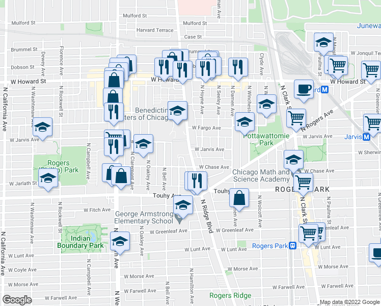 map of restaurants, bars, coffee shops, grocery stores, and more near 7345a West Jarvis Avenue in Chicago