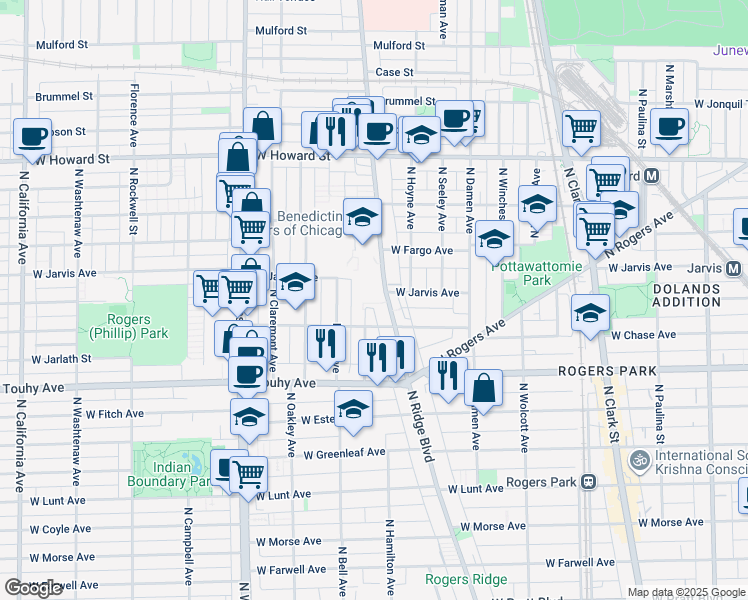 map of restaurants, bars, coffee shops, grocery stores, and more near 7345a West Jarvis Avenue in Chicago