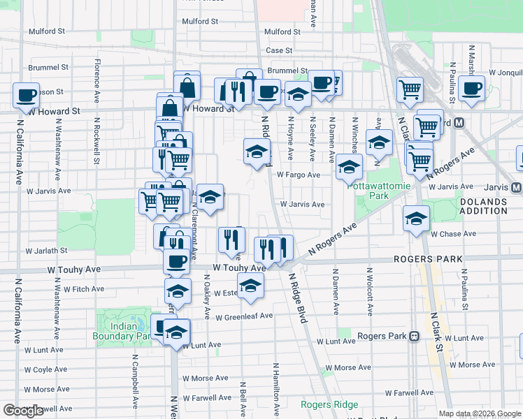map of restaurants, bars, coffee shops, grocery stores, and more near 7333 North Bell Avenue in Chicago