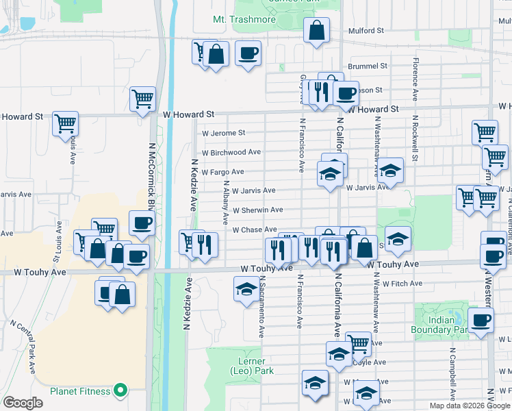 map of restaurants, bars, coffee shops, grocery stores, and more near 3010 West Sherwin Avenue in Chicago