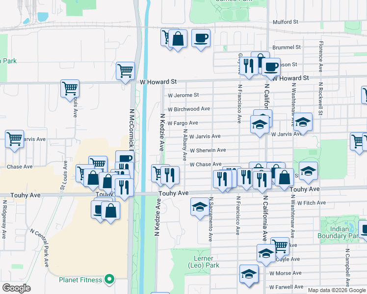 map of restaurants, bars, coffee shops, grocery stores, and more near 3052 West Sherwin Avenue in Chicago