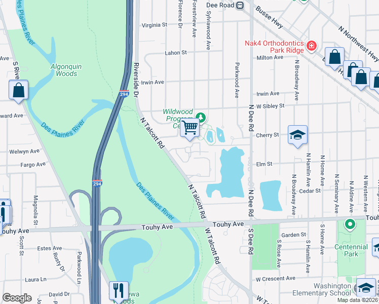 map of restaurants, bars, coffee shops, grocery stores, and more near 45 Astoria Way in Park Ridge