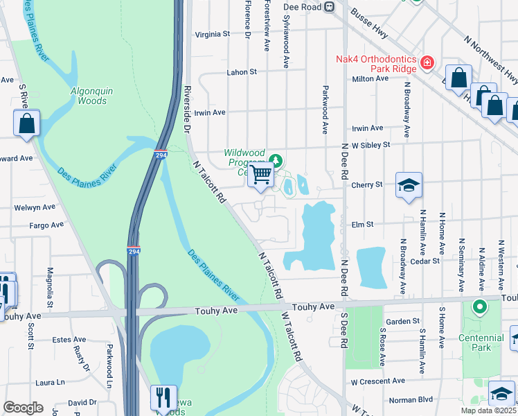 map of restaurants, bars, coffee shops, grocery stores, and more near 45 Astoria Way in Park Ridge