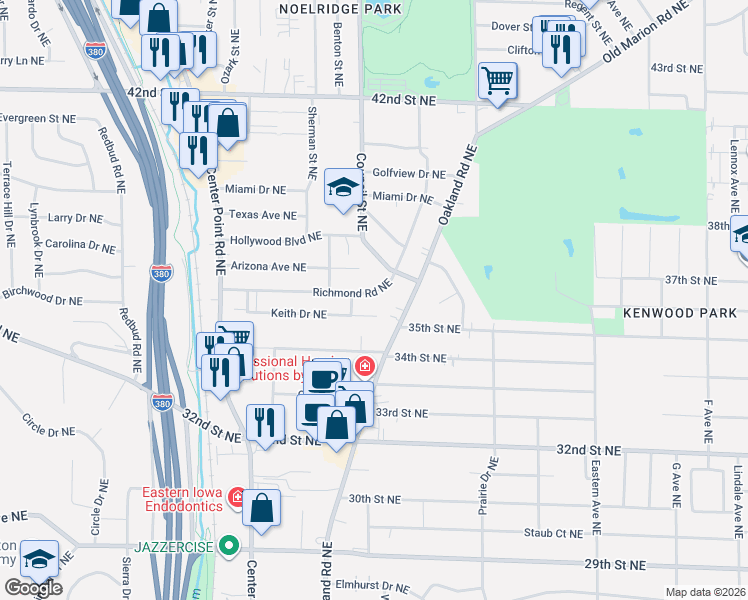 map of restaurants, bars, coffee shops, grocery stores, and more near 1453 Richmond Rd NE in Cedar Rapids