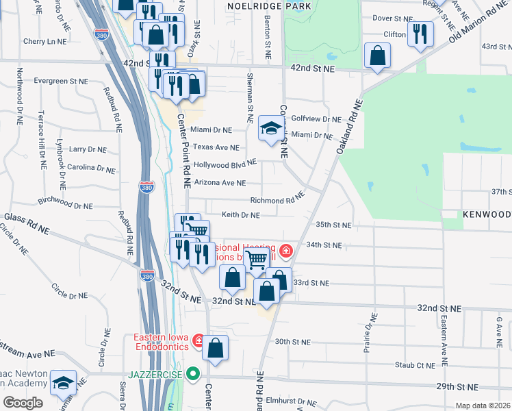 map of restaurants, bars, coffee shops, grocery stores, and more near 1619 Richmond Road Northeast in Cedar Rapids