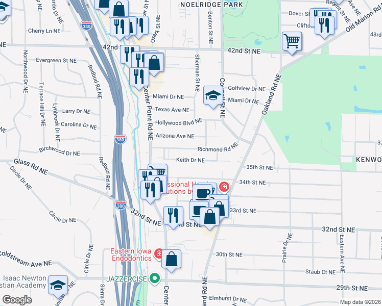 map of restaurants, bars, coffee shops, grocery stores, and more near 1619 Richmond Road Northeast in Cedar Rapids