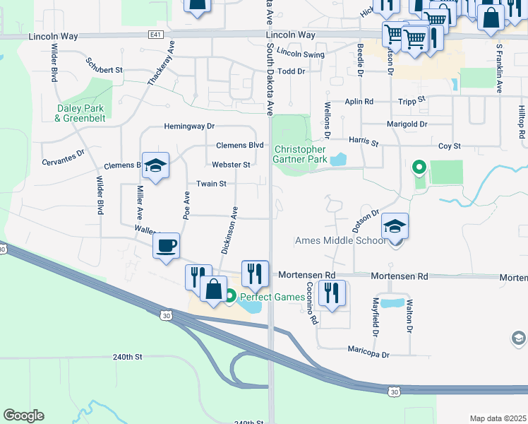 map of restaurants, bars, coffee shops, grocery stores, and more near 4525 Steinbeck Street in Ames