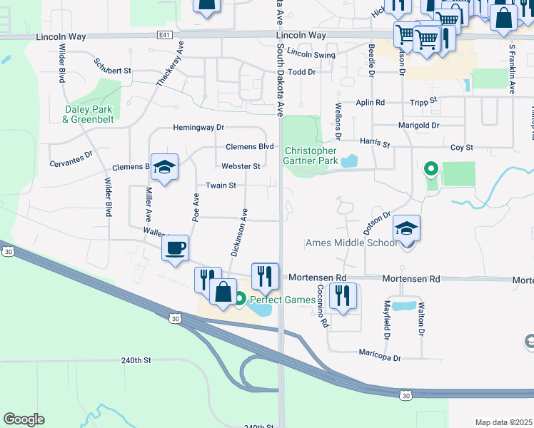 map of restaurants, bars, coffee shops, grocery stores, and more near 4525 Steinbeck Street in Ames