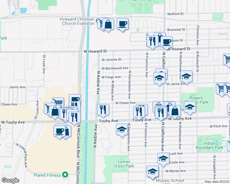 map of restaurants, bars, coffee shops, grocery stores, and more near 3052 West Sherwin Avenue in Chicago