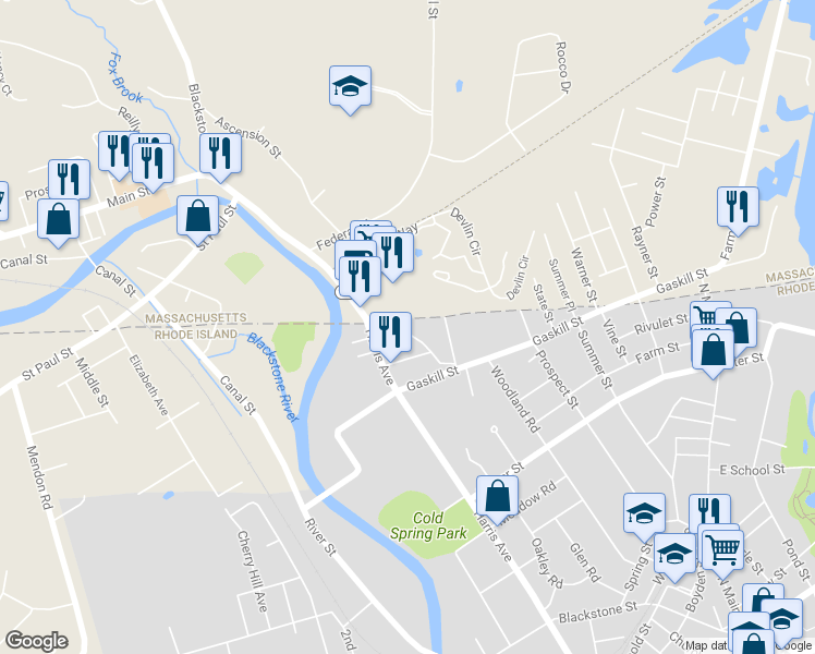 map of restaurants, bars, coffee shops, grocery stores, and more near 77 Huntington Avenue in Woonsocket