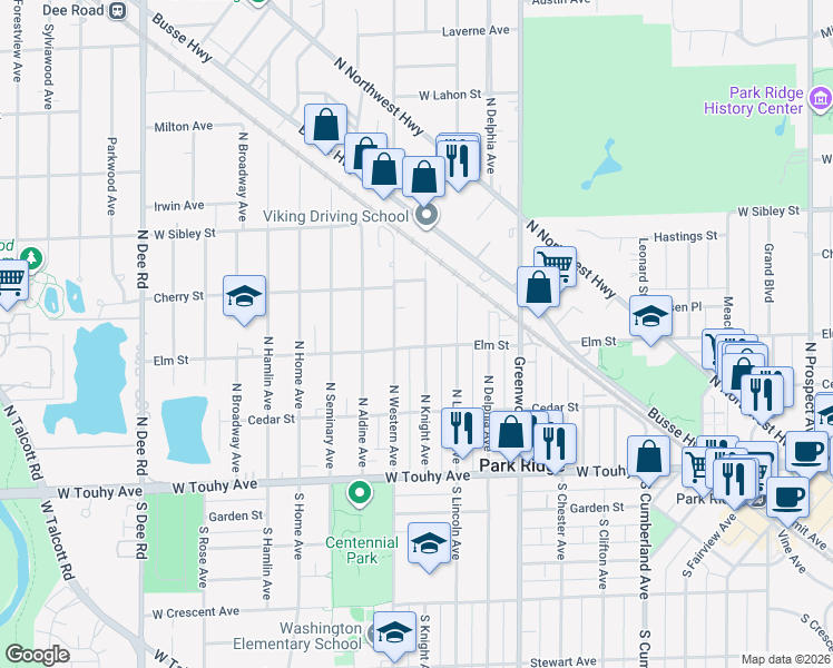 map of restaurants, bars, coffee shops, grocery stores, and more near 306 North Knight Avenue in Park Ridge