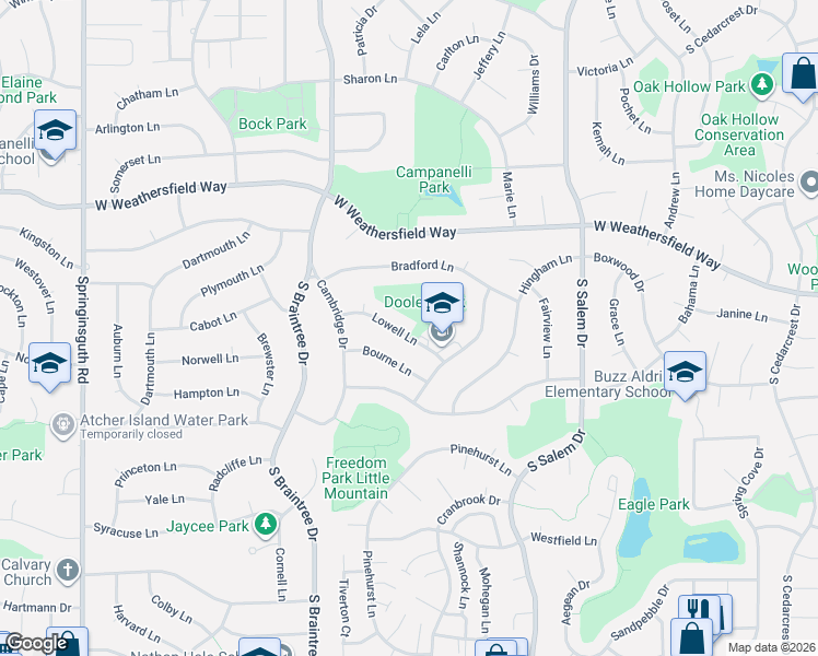 map of restaurants, bars, coffee shops, grocery stores, and more near 1030 Lowell Lane in Schaumburg