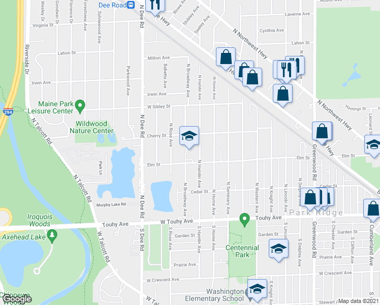 map of restaurants, bars, coffee shops, grocery stores, and more near 300 North Hamlin Avenue in Park Ridge