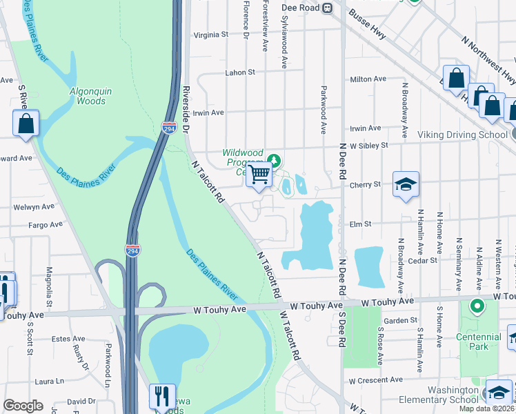 map of restaurants, bars, coffee shops, grocery stores, and more near 45 Astoria Way in Park Ridge