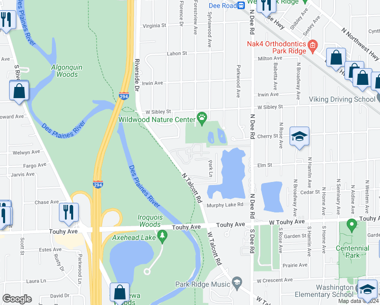 map of restaurants, bars, coffee shops, grocery stores, and more near 45 Astoria Way in Park Ridge