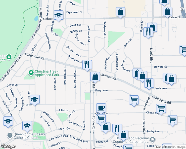 map of restaurants, bars, coffee shops, grocery stores, and more near 601 Landmeier Road in Elk Grove Village