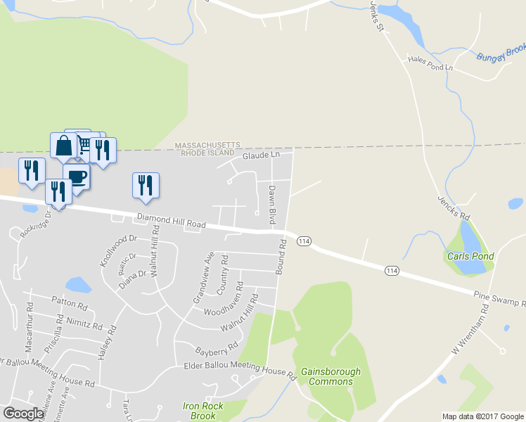 map of restaurants, bars, coffee shops, grocery stores, and more near 5 Star Avenue in Woonsocket