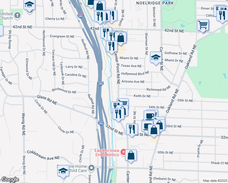 map of restaurants, bars, coffee shops, grocery stores, and more near 3525 Center Point Road Northeast in Cedar Rapids