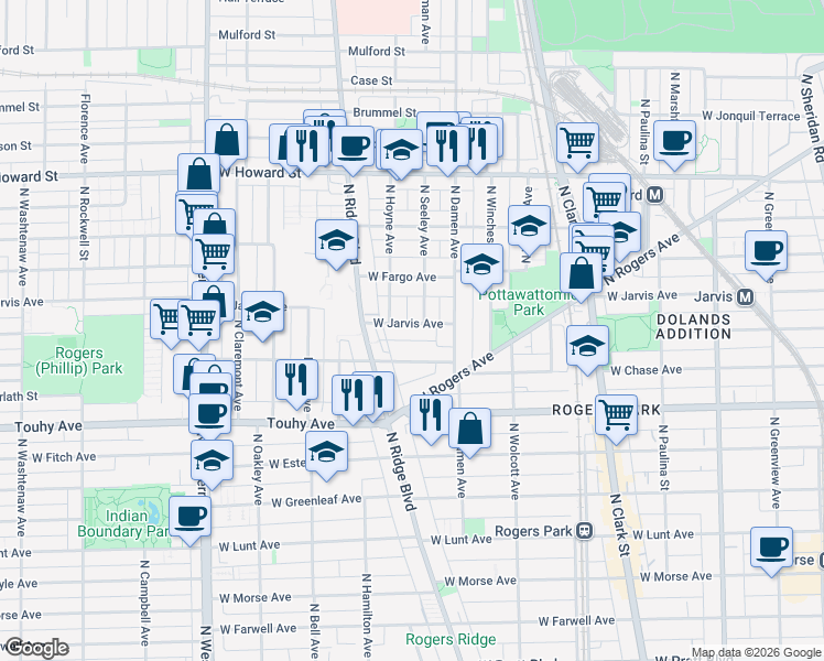map of restaurants, bars, coffee shops, grocery stores, and more near 2041 West Jarvis Avenue in Chicago