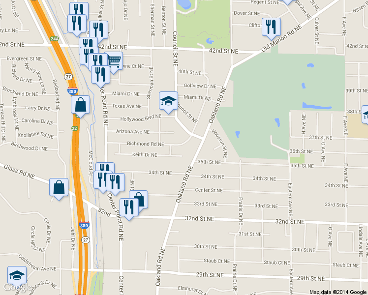 map of restaurants, bars, coffee shops, grocery stores, and more near 1453 Richmond Rd NE in Cedar Rapids