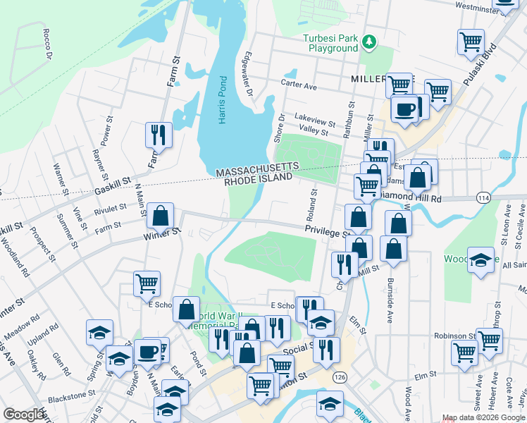 map of restaurants, bars, coffee shops, grocery stores, and more near 306 Privilege Street in Woonsocket
