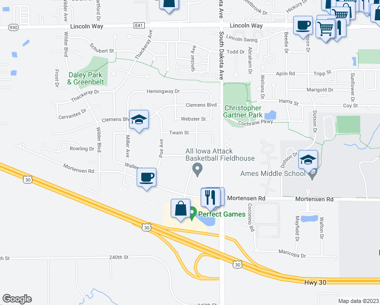 map of restaurants, bars, coffee shops, grocery stores, and more near 841 Dickinson Avenue in Ames