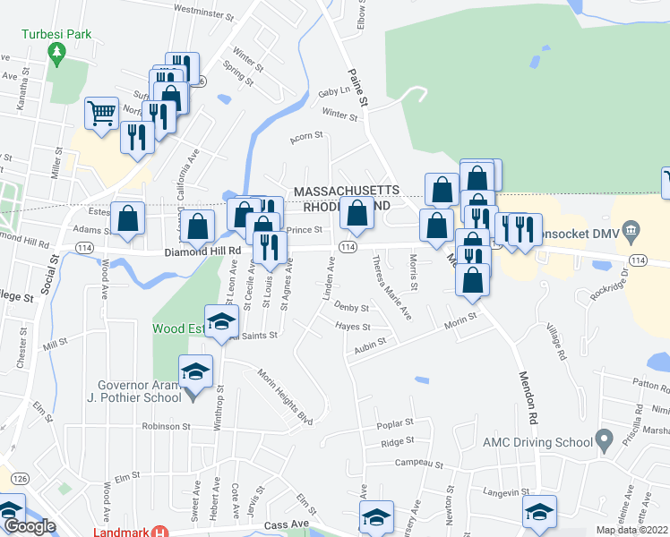 map of restaurants, bars, coffee shops, grocery stores, and more near 48 Linden Avenue in Woonsocket