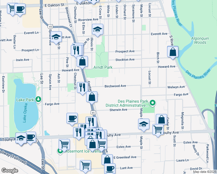 map of restaurants, bars, coffee shops, grocery stores, and more near 1665 Birchwood Avenue in Des Plaines